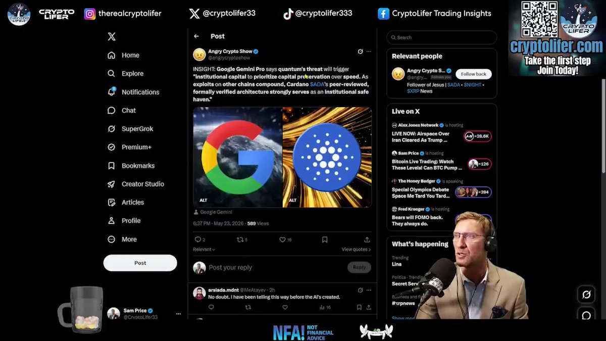 The image shows a computer screen displaying a social media platform with various posts, including one about Bitcoin and another about a man speaking at a conference. The posts are arranged in a grid format, making them easy to read and view. The main focus of the image is on the Bitcoin post, which highlights its potential as an institutional safe haven against threats like AI and quantum computing.