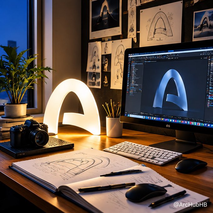 An artist's desk setup with a monitor displaying a 3D logo design, accompanied by a sketchbook with letter sketches, a camera, keyboard, mouse, and a glowing illuminated letter decoration.