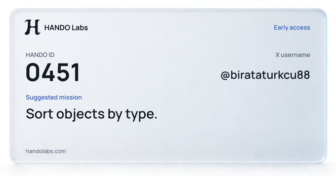 A digital ID card from HANDO Labs displaying HANDO ID '0451' with X username '@birataturkcu88' and a suggested mission to 'Sort objects by type,' marked as early access.