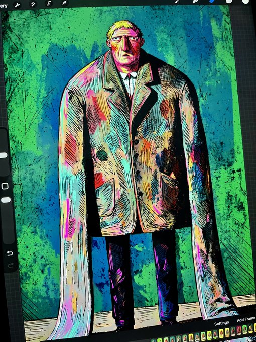 A vibrant digital painting shown on an iPad screen depicts a tall, somber figure in a long coat against a textured green and blue background.