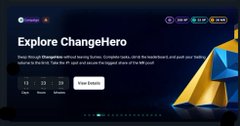 A webpage screenshot displays 'Explore ChangeHero' with a navigation bar and promotional text about swapping currencies and buying bitcoin, featuring geometric yellow and blue graphics.