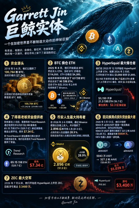 An infographic titled "Garrett Jin 巨鲸实体" (Whale Entity) profiles a mysterious crypto whale's assets, highlighting 100,764 BTC (~$7.24B) in capital sources, $3,150万 ($31.5M) losses on Hyperliquid BTC longs, $7.34M paid to Trend Research, a 2,896 BTC Binance position, $3,039万 profit on aETH/AAVE arbitrage, and $3,400万 losses shorting ZEC—contextualizing how a small portion of their massive crypto holdings can result in significant trading losses.