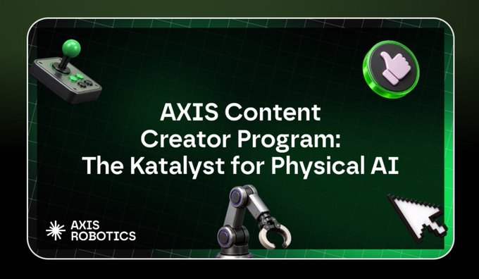A promotional graphic for 'AXIS Content Creator Program: The Katalyst for Physical AI' featuring a joystick, robotic arm, and mouse cursor icons.