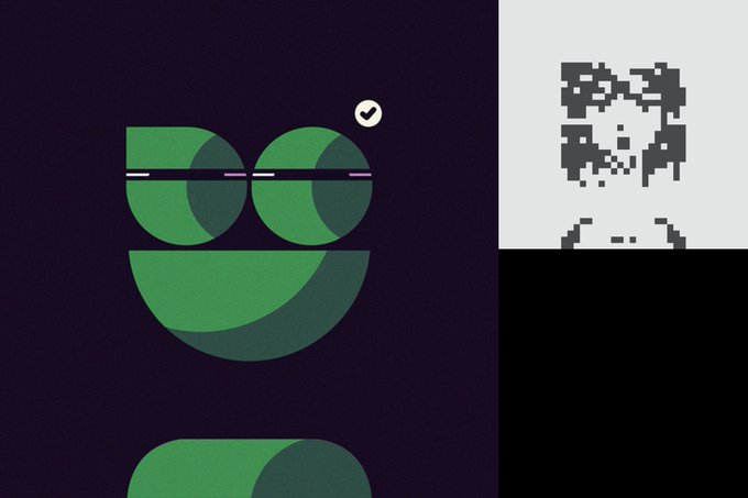 A graphic featuring a pixelated green smiley face wearing sunglasses on a dark purple background, contrasted with a pixelated skull-like figure on a white background.