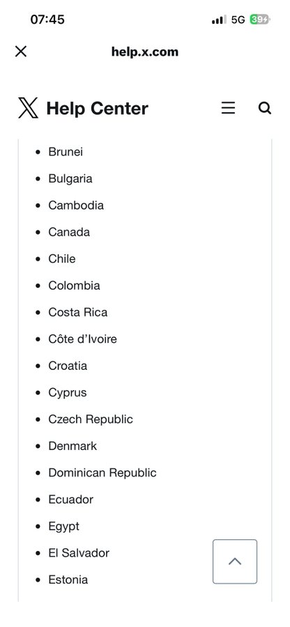 Screenshot of X (Twitter) Help Center page listing countries alphabetically from Brunei to Estonia.