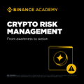 A dark promotional graphic from Binance Academy titled 'CRYPTO RISK MANAGEMENT' with the tagline 'From awareness to action' and a gold warning triangle icon.