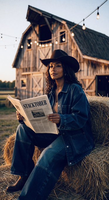 A woman in a denim jacket and black cowboy hat sits on a hay bale reading a newspaper titled 'STACKTOBER' in front of a rustic wooden barn adorned with string lights at sunset.