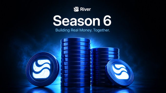 A dark promotional graphic for River's "Season 6" campaign, featuring the tagline "Building Real Money. Together." alongside stacks of blue coins bearing the River logo. The image ties into the post's theme of highlighting SatUSD's distinctive approach within the crypto space, emphasizing River's focus on real-world utility over superficial metrics.