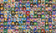 A dense grid collage of small, pixelated cartoon character icons, each featuring various colors and designs on a dark background.