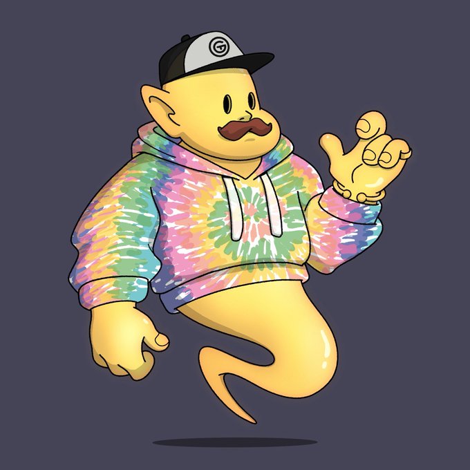 A cartoon illustration shows a yellow genie-like character with a mustache, wearing a tie-dye hoodie and a black and white cap, waving with one hand.
