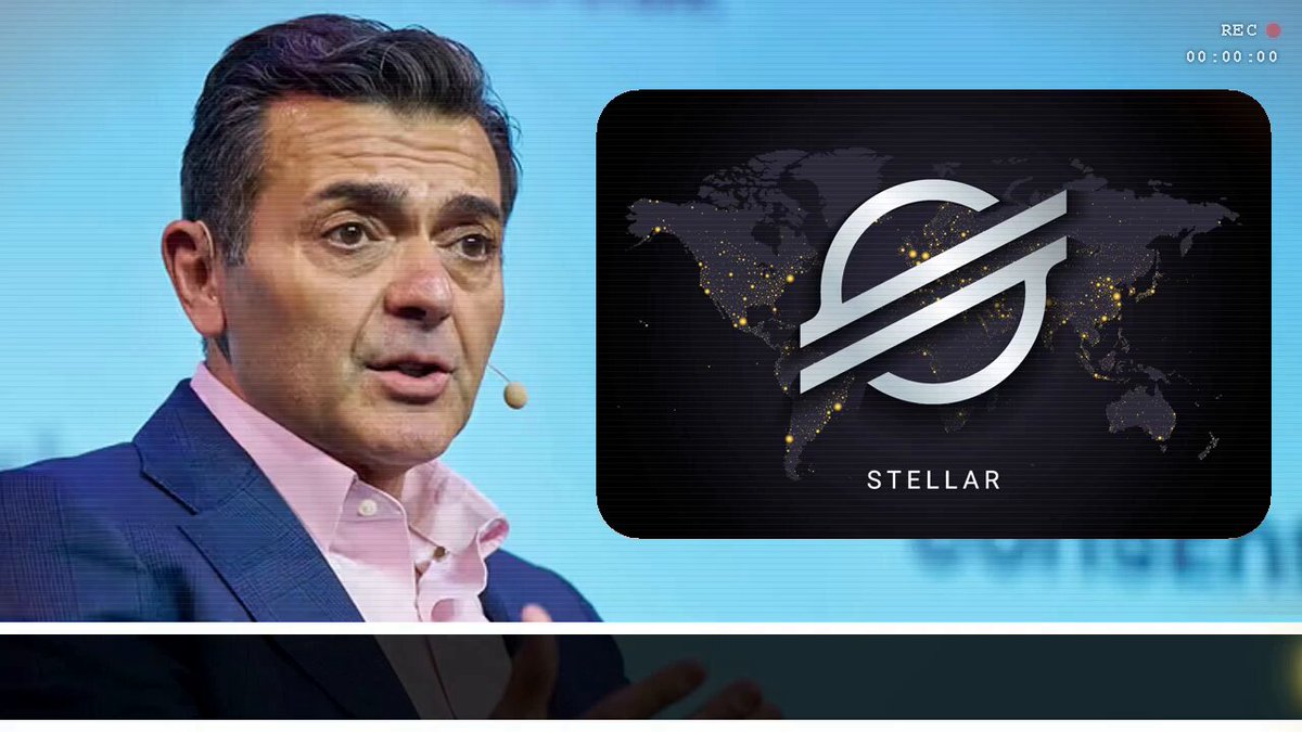 The image features a man wearing a suit and tie giving a speech at an event. The backdrop for his speech is a large logo that says "Stellar" with a globe behind it, indicating that he is speaking about the Stellar cryptocurrency. The text in the image also mentions the release of the tokenization service on the blockchain, which has attracted attention from various sources such as The_DTCC and @The_DTCC.