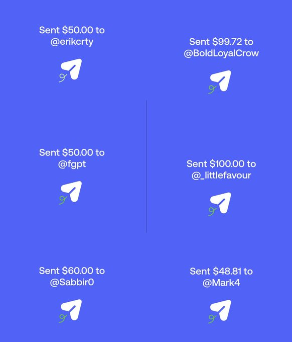A blue screen showing multiple payment transactions sent via an app, including $50.00 to @erikcrty, $99.72 to @BoldLoyalCrow, $50.00 to @fgpt, $100.00 to @_littlefavour, $60.00 to @Sabbir0, and $48.81 to @Mark4.