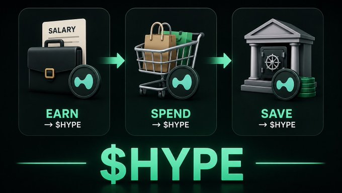 The image shows a cartoon graphic design with three different scenarios depicted within it. In each scenario, there are items representing earning, spending, and saving in the context of $HYPE - an imaginary currency system. The first scenario involves two coins being earned for completing a task. The second scene depicts the first coin being spent on a shopping spree. The third scenario shows a new coin being added to a savings account. Each scenario is accompanied by text indicating how these actions relate to the concept of saving and spending money in $HYPE.
