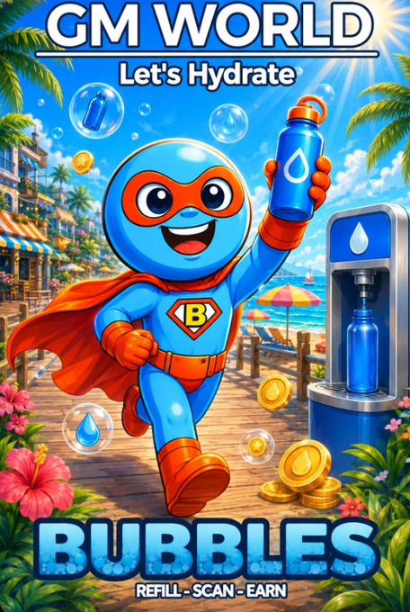 A vibrant cartoon poster reading 'GM WORLD Let's Hydrate' featuring a superhero character in a blue and orange costume holding a water bottle next to a water refill station, branded 'BUBBLES REFILL · SCAN · EARN' at a tropical beach setting.