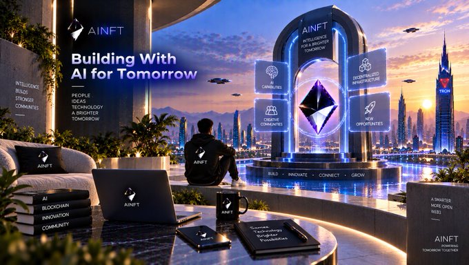 A futuristic promotional image for AINFT featuring a person sitting before a glowing archway displaying a crystal, surrounded by AI-themed elements like a laptop, mug, and brochures, set against a sci-fi cityscape at sunset.
