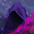 A small, low-resolution digital illustration of a dark purple hooded figure with pink and purple energy emanating from it against a dark background.