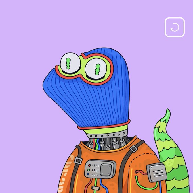 A digital illustration of a robotic or alien character with a blue ridged head, green goggles, exposed wiring, an orange jacket, and a green scaly tail against a purple background.