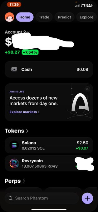A screenshot of the Phantom crypto wallet app showing an account balance with a +$0.27 (+7.54%) gain, $0.09 cash balance, and tokens including Solana ($2.50, 0.02012 SOL) and Rcvrycoin (13,907.59863 Rcvry).