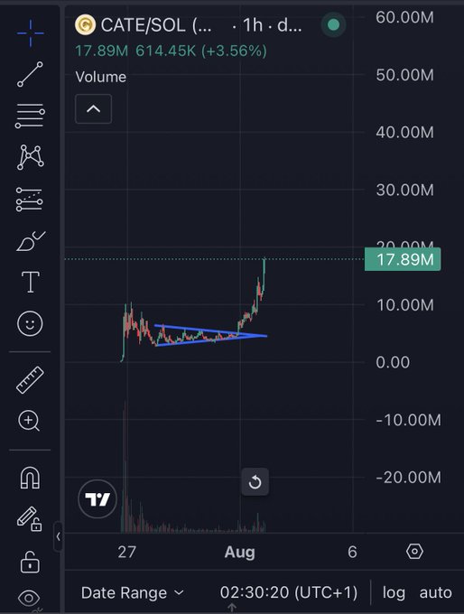 A TradingView 1-hour chart for CATE/SOL showing a price of 17.89M with a 3.56% gain and volume of 614.45K, featuring a bullish ascending triangle pattern (drawn in blue) that appears to be breaking out to the upside—visually supporting the poster's hesitation to sell due to the strong upward momentum.