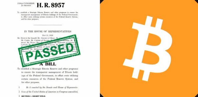 A document showing H.R. 8957, a bill to establish a Strategic Bitcoin Reserve, stamped "PASSED" in green, alongside the orange Bitcoin logo.