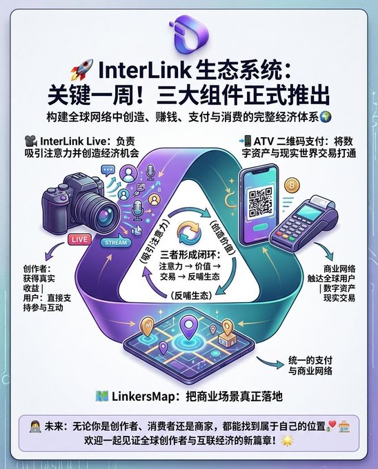 A promotional infographic titled 'InterLink 生态系统：关键一周！三大组件正式推出' describing the InterLink Live, ATV, and LinkersMap ecosystem components with Chinese text.