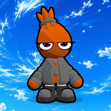 Digital illustration of a cartoon character with orange hair and skin, wearing glasses, a grey jacket, and grey boots, against a blue sky background.
