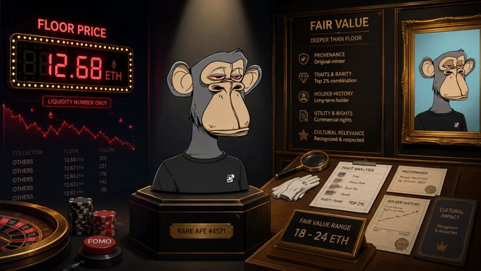 A digital display styled like an auction or NFT evaluation for a Bored Ape NFT labeled 'RARE APE #4521', showing a floor price of 12.68 ETH and a fair value range of 18-24 ETH, with sections for provenance, holder history, trait analysis, and cultural impact.