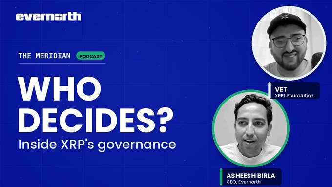 The image features a blue background with two men's faces displayed against it, both wearing baseball caps. They are positioned side by side, facing each other. The text "Who Decides?" is written above their heads, and below them, there is a description of an inside XRPR's governance.
