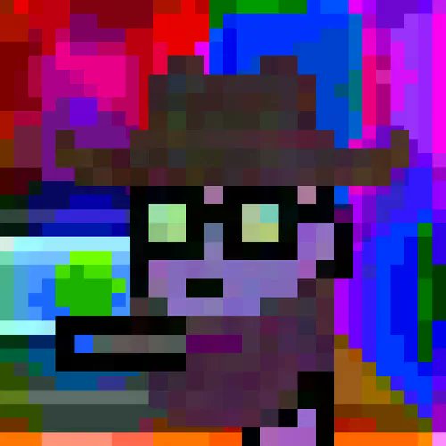 A pixelated character with glowing green glasses and a hat holds a blue and green object against a colorful background.