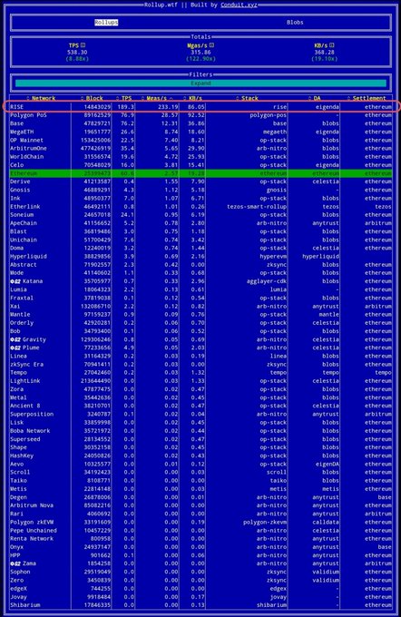 A detailed terminal-style dashboard displays a leaderboard of various blockchain networks, with columns for TPS, Mgas/s, and kB/s, ranking chains like Polygon PoS and MegaETH.