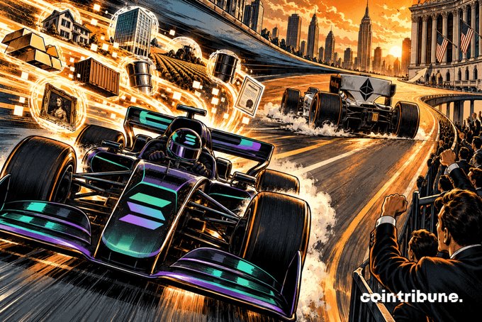 A vibrant digital illustration of Formula 1 race cars speeding on a track with a city skyline in the background, watermarked with 'cointribune.'