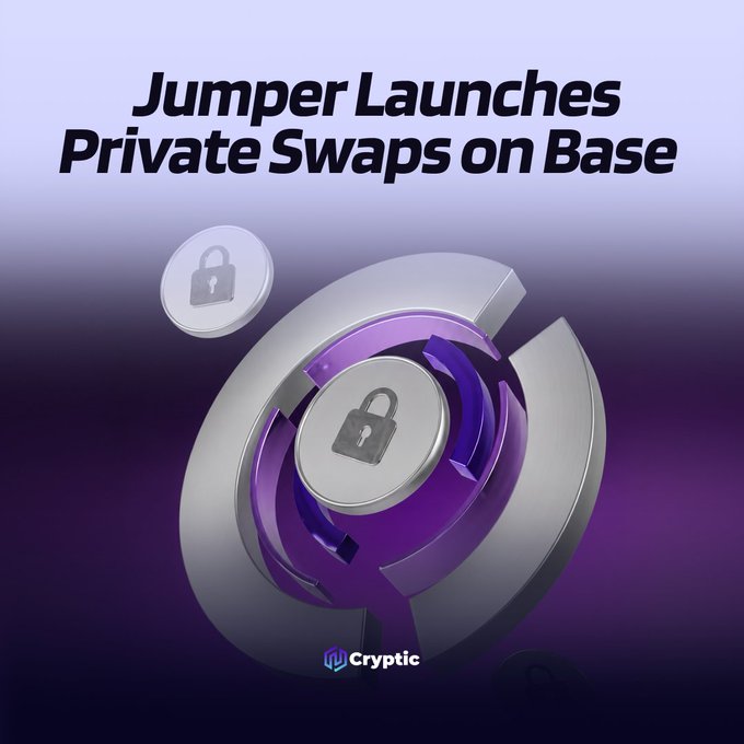 A promotional graphic with a purple gradient background displays the headline "Jumper Launches Private Swaps on Base" above a 3D-rendered metallic and purple circular mechanism featuring lock icons, visually reinforcing the post's announcement of Jumper's new privacy-focused cross-chain swap feature on the Base network. The "Cryptic" logo appears at the bottom.