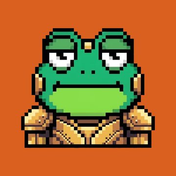 A pixel art green frog character with droopy, half-closed eyes wearing tan/gold clothing is set against an orange background. The frog's sleepy, unimpressed expression fits the "degen mints" theme, depicting the weary, worn-out look of a NFT collector grinding through mint after mint.