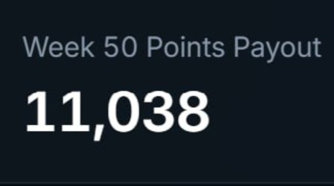 A dark screen displaying the text 'Week 50 Points Payout' with a large value of '11,038' beneath it.