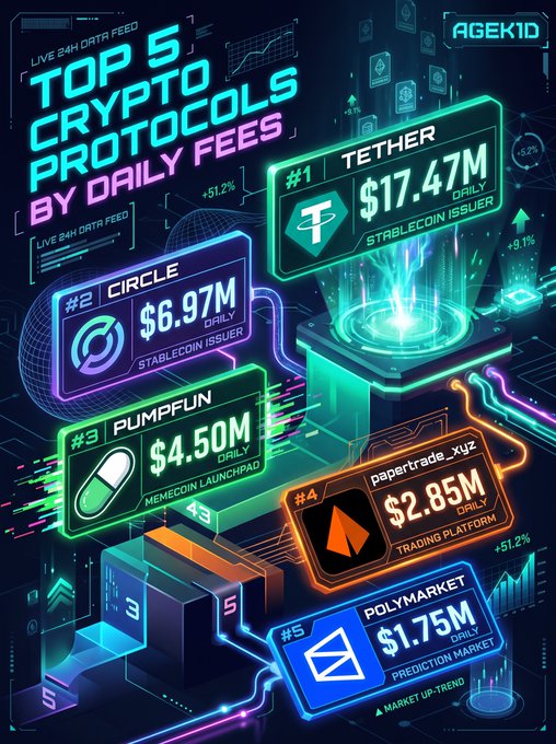 A futuristic neon graphic titled 'TOP 5 CRYPTO PROTOCOLS BY DAILY FEES' listing Tether ($17.47M), Circle ($6.97M), Pump.fun ($4.50M), PaperTrade ($2.85M), and Polymarket ($1.75M).