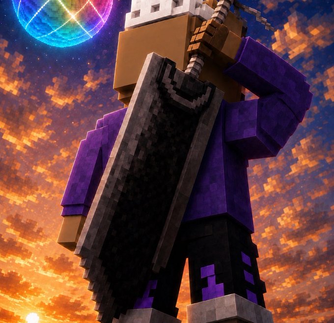 A Minecraft-style 3D rendered character in purple and brown armor holding a large gray sword, set against a dramatic pixelated sunset sky with a glowing neon blue planet.