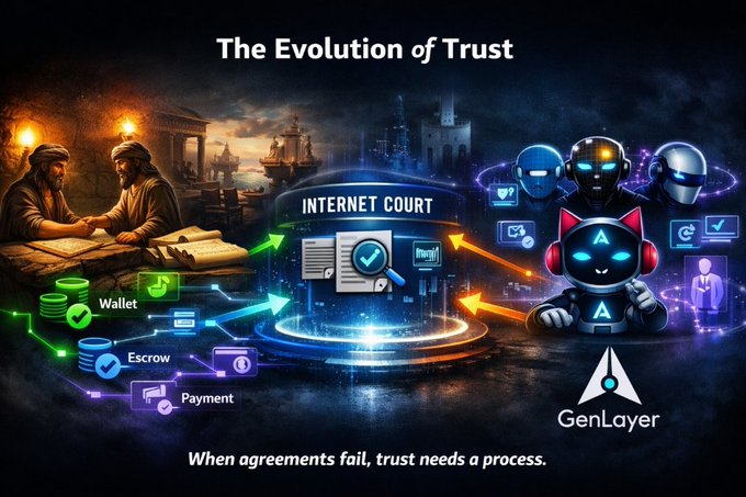 A GenLayer promotional graphic titled 'The Evolution of Trust' showing the transition from traditional agreements to an 'Internet Court' with AI agents, wallet, escrow, and payment icons, captioned 'When agreements fail, trust needs a process.'