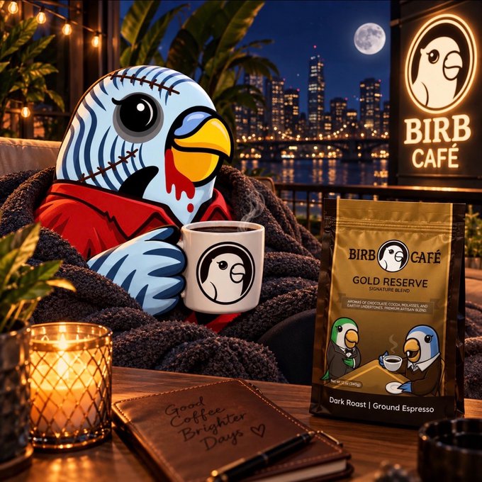 An animated bird character with stitched markings holds a 'BIRB CAFE' mug next to a bag of 'GOLD RESERVE' dark roast coffee, with a city skyline at night in the background.