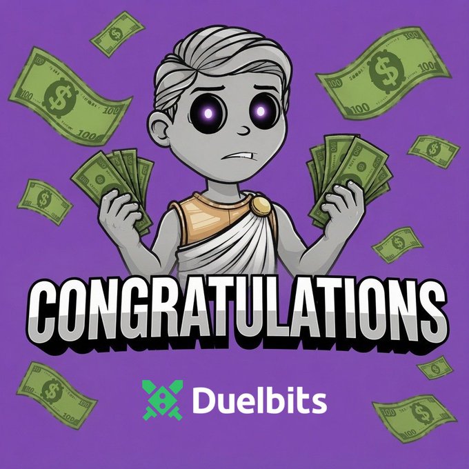 A cheerful cartoon character with glowing purple eyes celebrates holding cash in both hands, surrounded by floating $100 bills on a purple background. The bold text "CONGRATULATIONS" appears above the "Duelbits" logo, congratulating winner @FlamezOnChain as announced in the post.