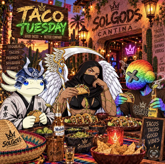 A vibrant illustration promotes 'Taco Tuesday' for SolGods Cantina, featuring three characters—a samurai figure, a winged masked figure holding a scythe, and a rainbow-headed character—surrounded by tacos, tequila bottles, and branded merchandise in a festive Mexican cantina setting.
