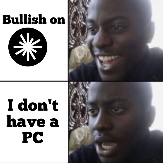 A two-panel meme featuring a man's face; the top panel reads 'Bullish on' with a symbol, and the bottom panel reads 'I don't have a PC'.