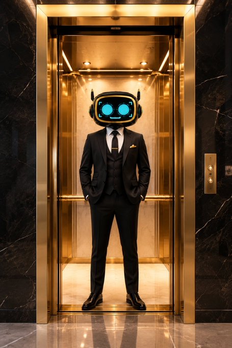 An AI-generated image of a figure in a formal black suit and tie standing in a gold-trimmed elevator, with a futuristic robot head featuring glowing blue eyes.