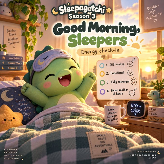 A cheerful 'Sleepagotchi Season 3' advertisement titled 'Good Morning, Sleepers - Energy check-in' featuring a green dinosaur character wearing a sleep mask waking up in bed, with an energy level checklist and branding 'A KINDER, BRIGHTER, WELL-RESTED TOMORROW'.