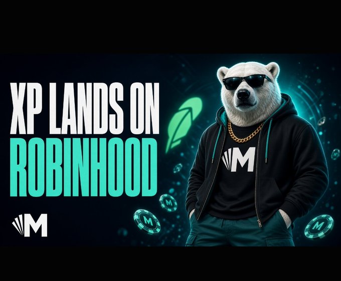 A promotional graphic features an anthropomorphic polar bear wearing sunglasses, a gold chain, and a black hoodie with an "M" logo, standing next to the text "XP LANDS ON ROBINHOOD" and a green rocket ship icon on a dark background.