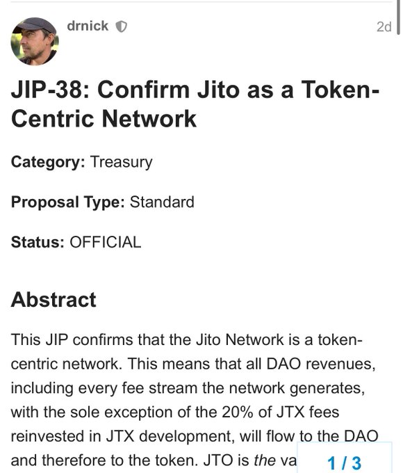 A screenshot of a governance proposal titled "JIP-38: Confirm Jito as a Token-Centric Network" (submitted by user drnick, marked OFFICIAL under the Treasury category) outlining that all DAO revenues will flow to the JTO token except for 20% of JTX fees reserved for JTX development, directly supporting the post's claim that Jito is allocating JTX revenue toward JTO buybacks and burns rather than new token distributions.