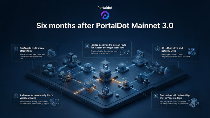 An infographic titled 'Six months after PortalDot Mainnet 3.0' highlights five key achievements, including 'DaaS gets its first real stress test' and 'iBridge becomes the default route.'