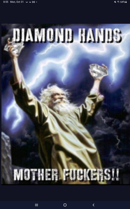A meme image features a bearded figure holding up money bags against a stormy sky, with text reading 'DIAMOND HANDS' and 'MOTHER FUCKERS!!'.