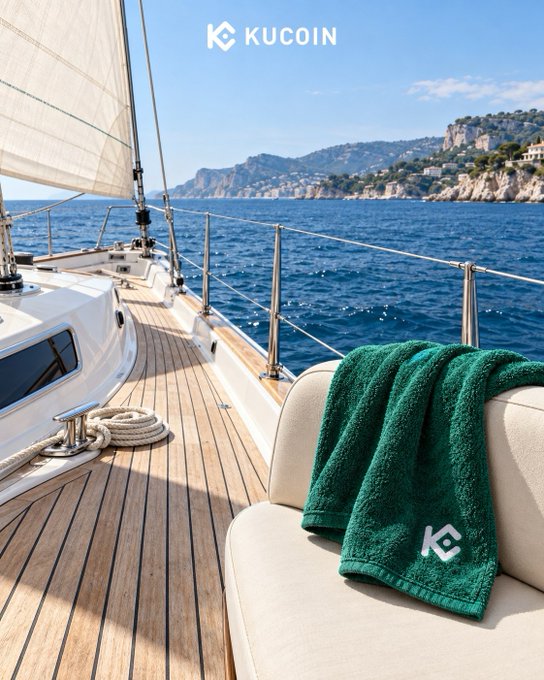 A luxury sailboat glides along a vibrant blue sea, with a green KuCoin-branded blanket draped over its cushioned seating and the "KUCOIN" logo displayed at the top of the frame. The image visually reinforces the post's message about setting sail toward the next big breakout level, evoking momentum, leisure, and forward motion toward new horizons.