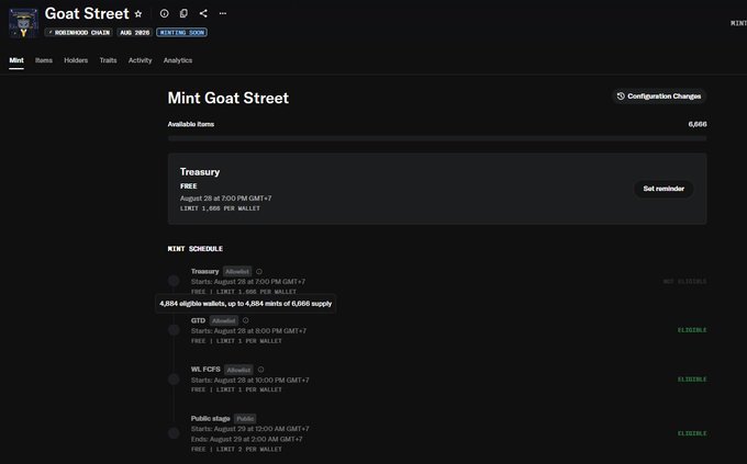 A screenshot of the "Mint Goat Street" page on the Goat Street platform, showing a Mint Schedule with Free, Treasury, GTD, WL FCFS, and Public drop rounds, alongside a tooltip noting "4,884 eligible wallets, up to 4,884 mints of 6,666 supply," reflecting the post's excitement about 472 new wallets gaining eligibility for the GTD round.