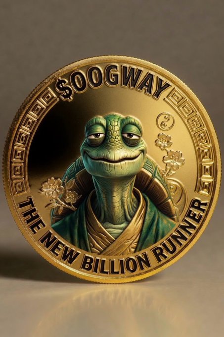 A commemorative gold coin displays a green turtle character and reads '$OOGWAY THE NEW BILLION RUNNER'.